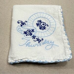 Embroidered Tea Towel with Blue Floral Design